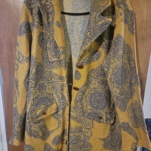Silk Club 100% Wool Yellow &blue Paisley Midi Length Coat Pockets. Vintage